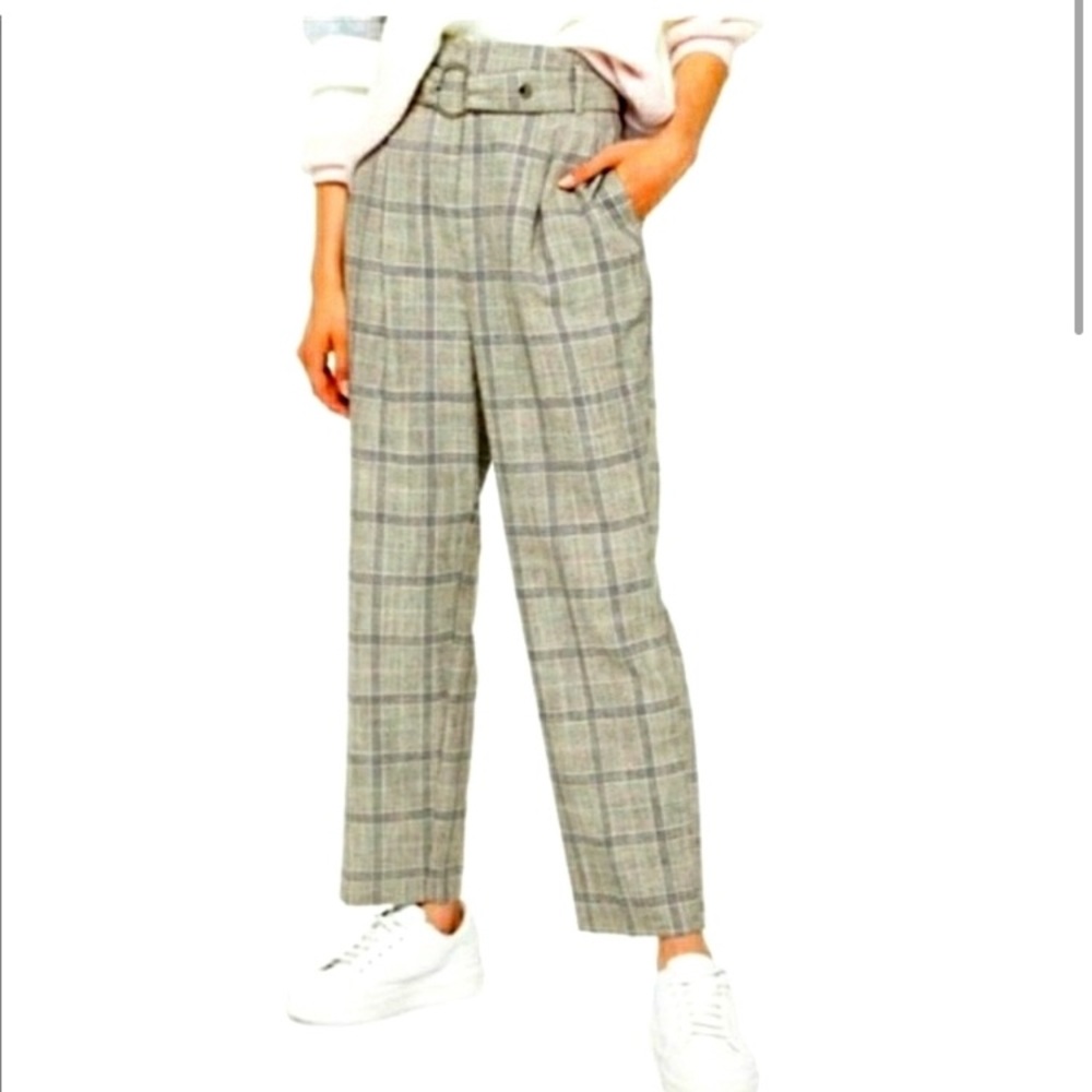 Topshop High Rise Wide Leg Glen Plaid Ankle Trouser Size 10 with O ring belt